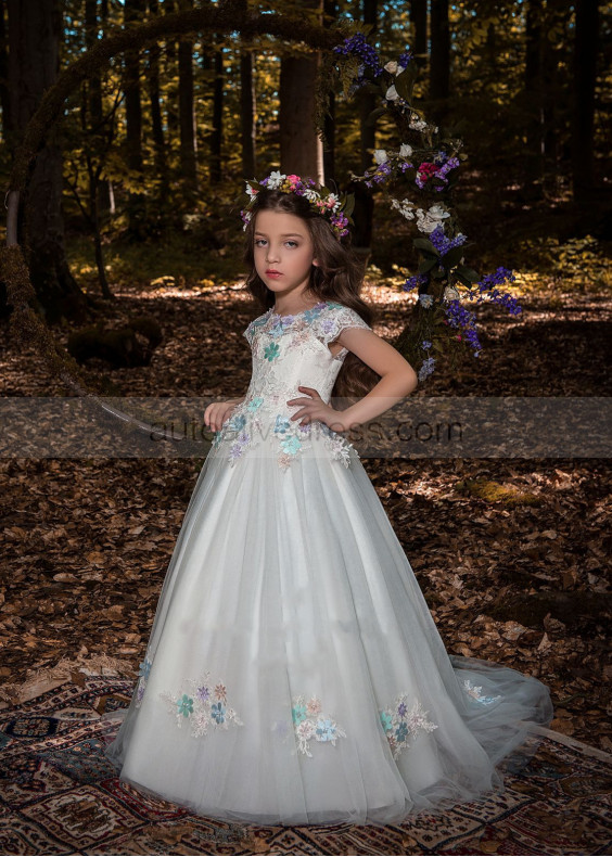 Ivory Lace Tulle Keyhole Back Long Flower Girl Dress